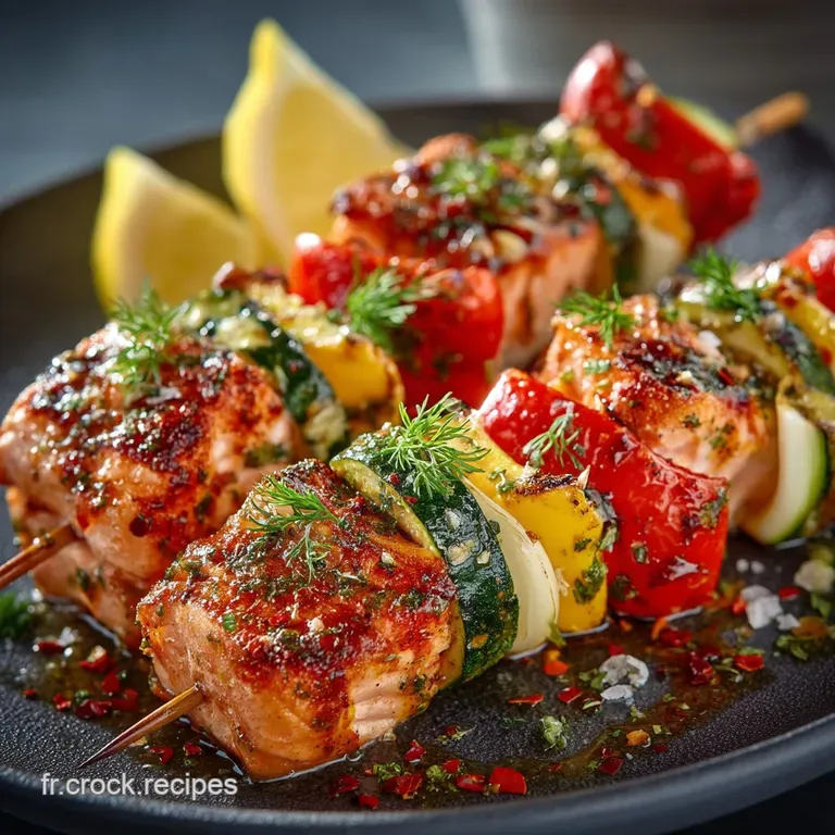 Brochettes Atlantiques et Estivales Saumon Marinade CitronAneth et L&eacute;gumes Croquants au Barbecue