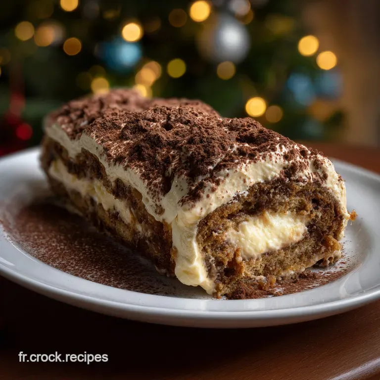 Slice of tiramisu-inspired log cake, layered with creamy mascarpone, coffee-soaked sponge, and cocoa, artfully placed on a...