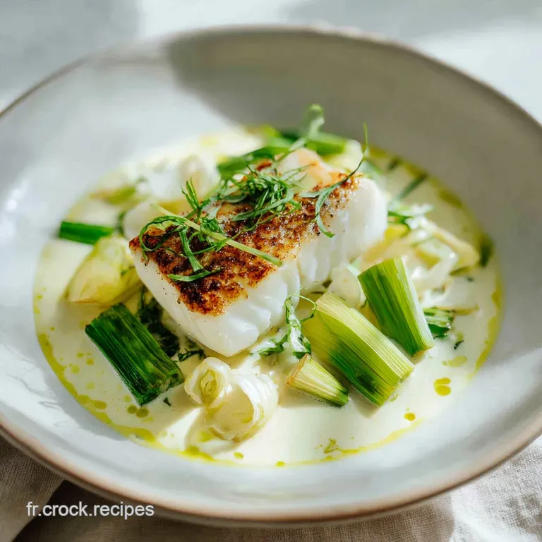 A delicate white cod portion rests on a swirl of creamy coconut sauce, garnished with bright green leeks.