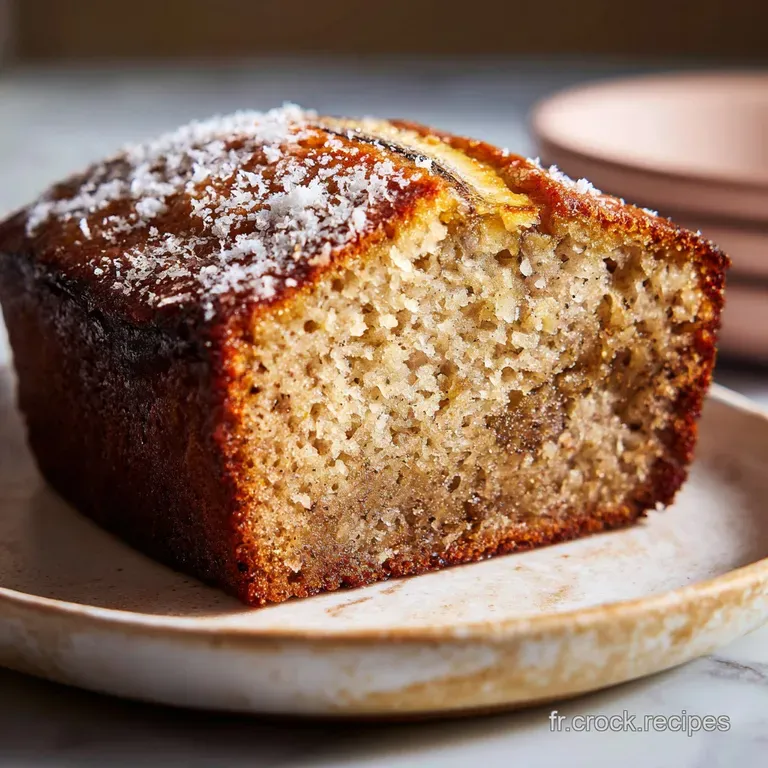 Slice of tender banana cake on a patterned plate, next to a fork, inviting and warm, showcasing the cake's soft texture.