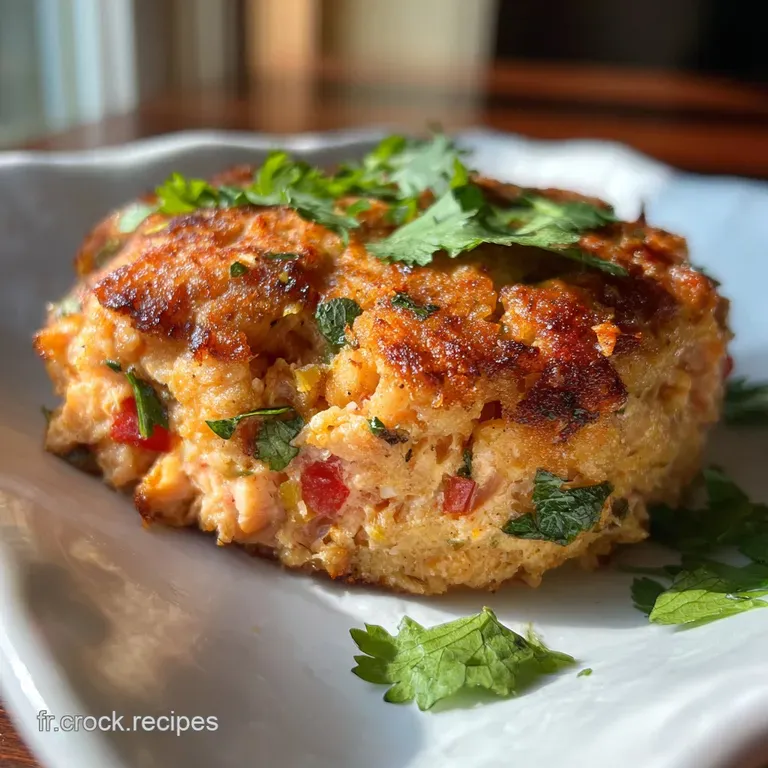 Slice of savory tuna cake on a white plate, garnished with fresh herbs and a lemon wedge. Hints of steam suggest a warm se...