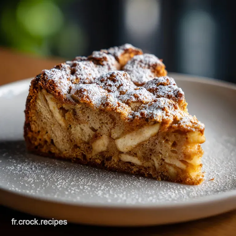 Slice of tender apple cake on a white plate, adorned with a sprig of mint. A comforting and elegant dessert presentation.