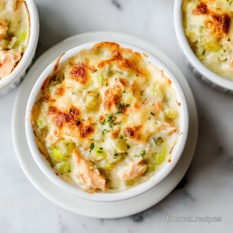 A ramekin of creamy salmon and leeks, artfully garnished with fresh green herbs and a dusting of paprika.