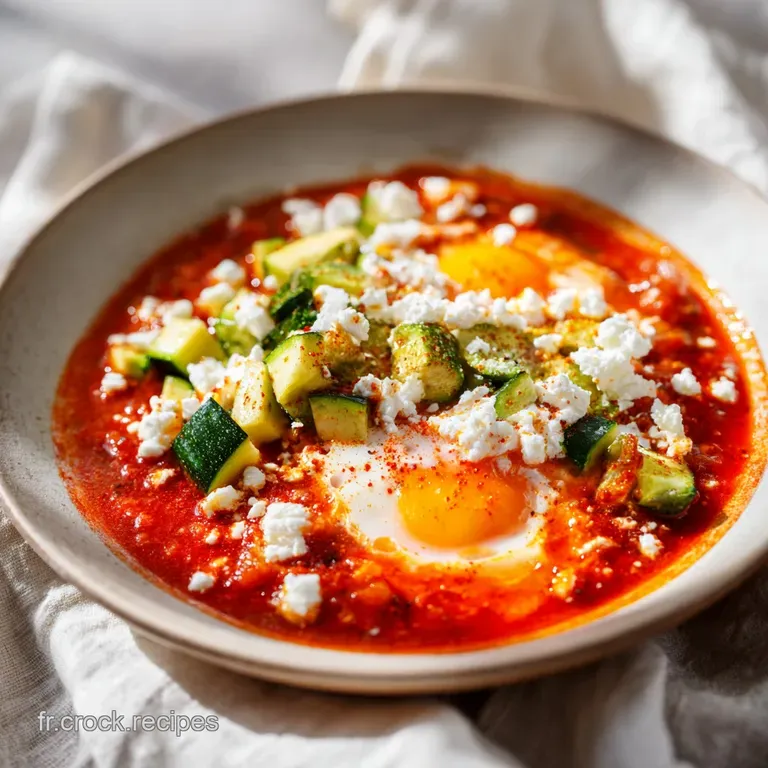 Assiette blanche avec un m&eacute;lange onctueux de tomates et courgettes vertes, garni de persil frais et d'un &oelig;uf poch&eacute;.