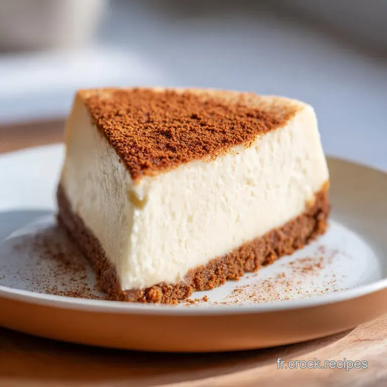 Part de dessert onctueuse et p&acirc;le pos&eacute;e sur une assiette blanche, avec un coulis brun brillant et des &eacute;clats croquants.