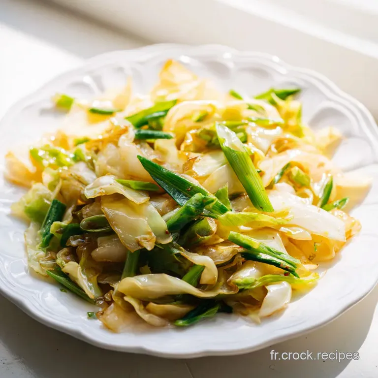 Chou saut&eacute; dispos&eacute; avec soin dans une assiette blanche, parsem&eacute; de graines de s&eacute;same blanches sur un lit vert p&acirc;le.