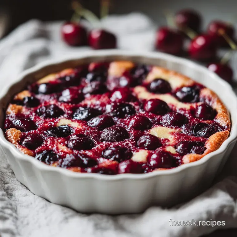 Slice of warm clafoutis on a white plate. Cherries glisten, edges are slightly browned. Light dusting of sugar.