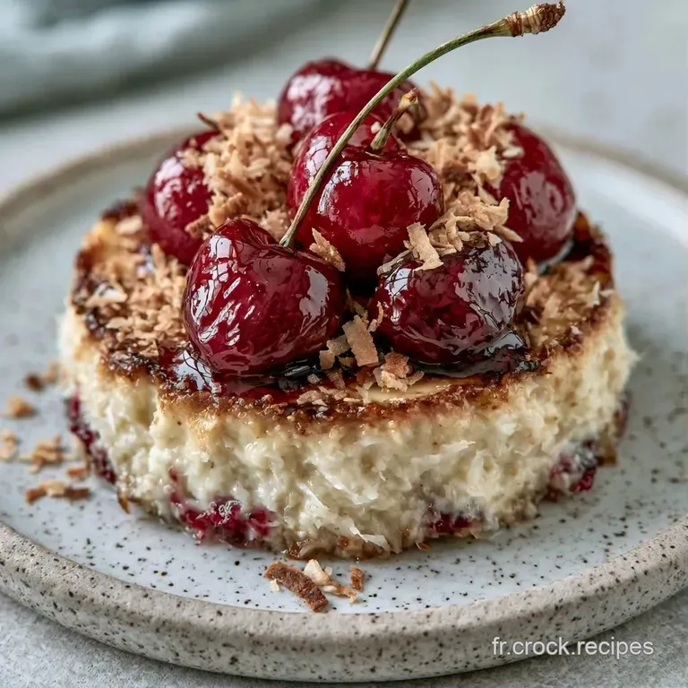 Part cr&eacute;meuse sur assiette blanche, saupoudr&eacute;e de sucre glace fin avec des cerises rouges fondantes et juteuses.