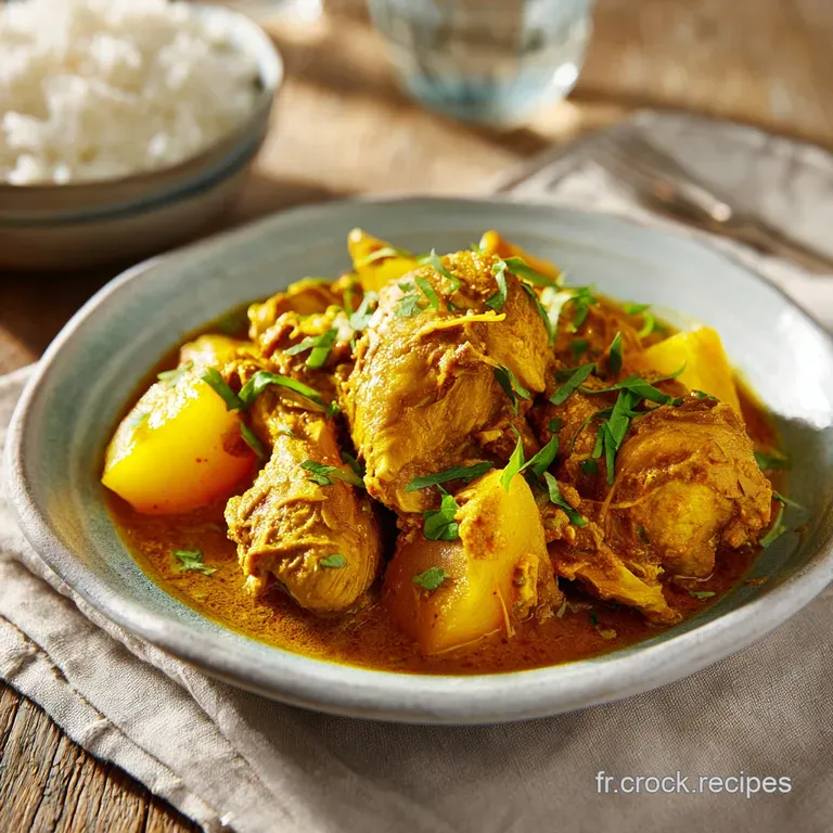Elegant plate featuring tender chicken curry with fluffy rice, garnished with coriander and a wedge of lime for zesty appeal.
