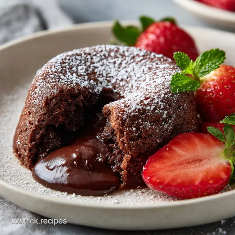 Molten chocolate cake oozing rich dark chocolate, served with a scoop of vanilla ice cream and a sprig of mint.