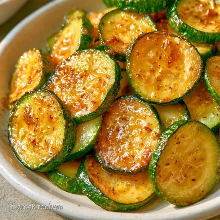 Tranches de courgettes fondantes dispos&eacute;es en cercle sur une assiette blanche, d&eacute;cor&eacute;es de fines herbes fra&icirc;ches.