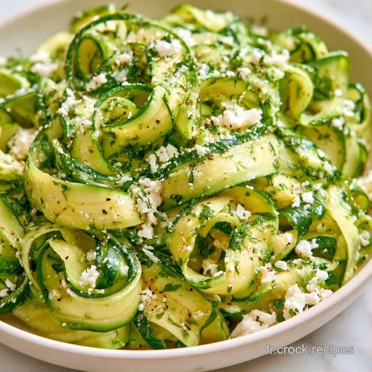 Spirales de l&eacute;gumes verts croquants joliment dress&eacute;es dans une assiette blanche avec des &eacute;clats de fromage frais.