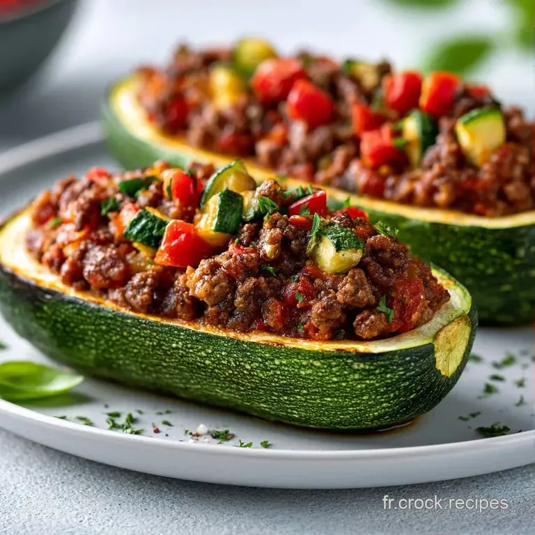 Courgettes farcies pos&eacute;es sur une assiette blanche, avec une sauce onctueuse et une touche de persil cisel&eacute;.
