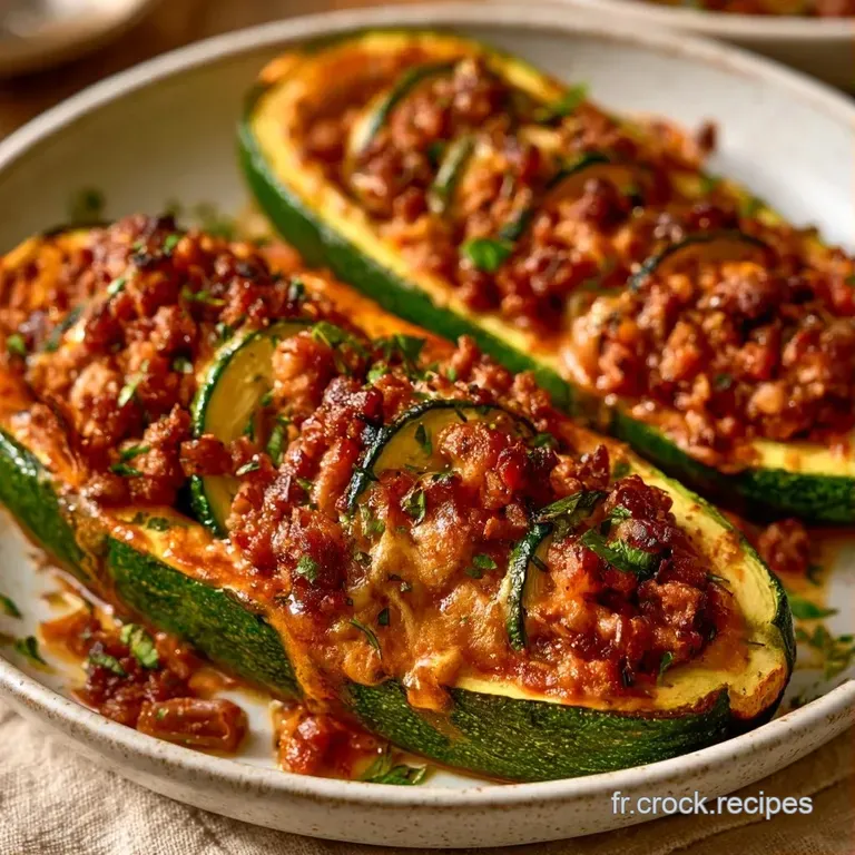 Deux courgettes farcies dispos&eacute;es sur une assiette blanche, d&eacute;cor&eacute;es de persil frais et d'un filet d'huile brillante.