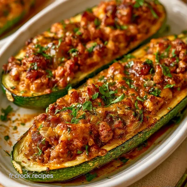 Courgette farcie pos&eacute;e sur une assiette blanche, d&eacute;cor&eacute;e de persil frais avec une sauce onctueuse et brillante.