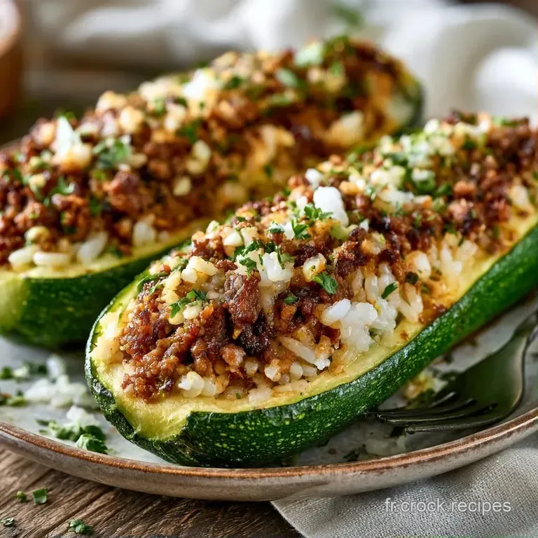 Courgettes farcies dor&eacute;es pos&eacute;es sur un lit de sauce onctueuse, d&eacute;cor&eacute;es de persil frais et d'un filet d'huile d'olive.
