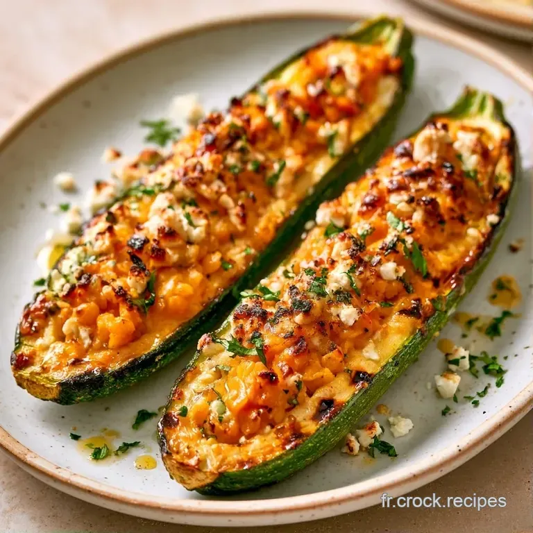 Courgettes farcies dispos&eacute;es avec soin sur une assiette blanche, d&eacute;cor&eacute;es d'herbes fra&icirc;ches et d'un filet d'huile.