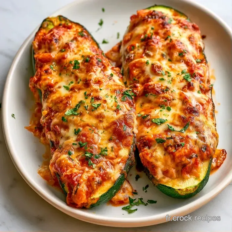 Deux courgettes vertes garnies pos&eacute;es sur une assiette blanche, d&eacute;cor&eacute;es de feuilles de basilic frais et d'huile d'olive.