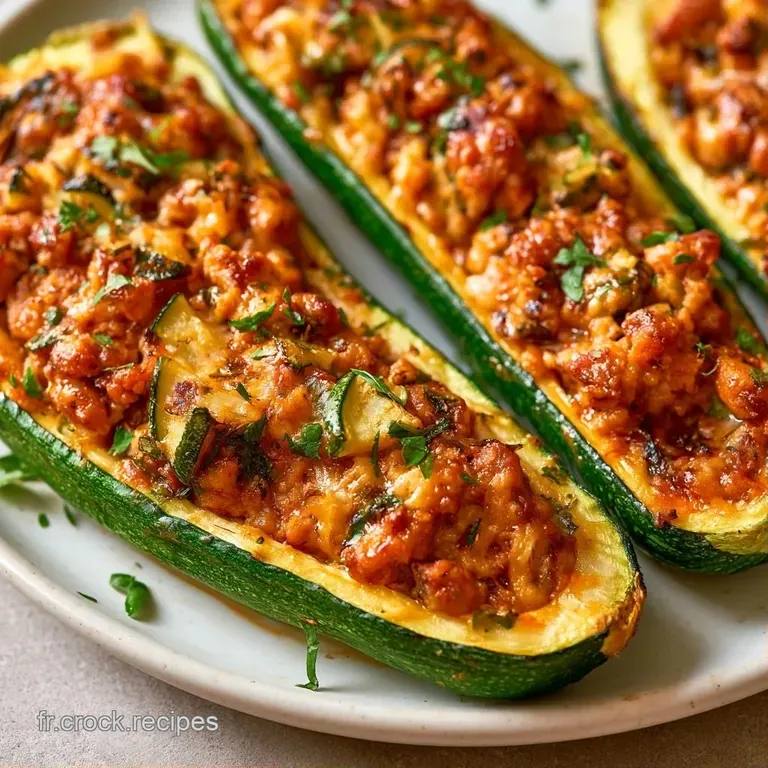 Une courgette r&ocirc;tie sur une assiette blanche, napp&eacute;e d'une sauce onctueuse avec un &eacute;clat de persil vert vif.