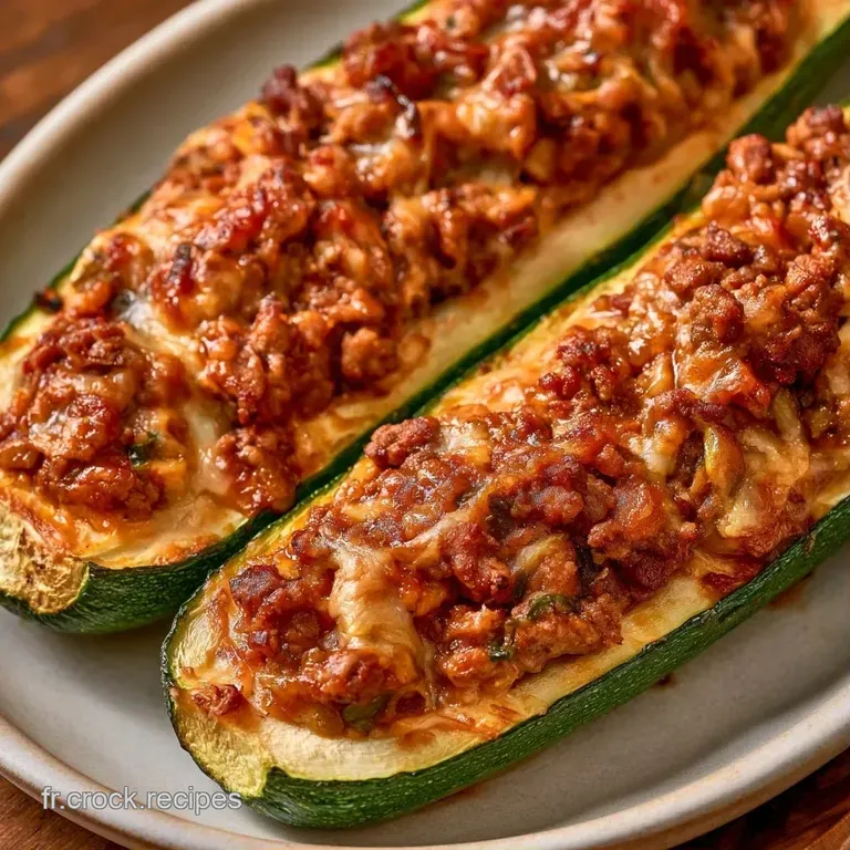 Deux courgettes farcies juteuses sur une assiette en c&eacute;ramique, parsem&eacute;es de persil frais et d'un filet d'huile.