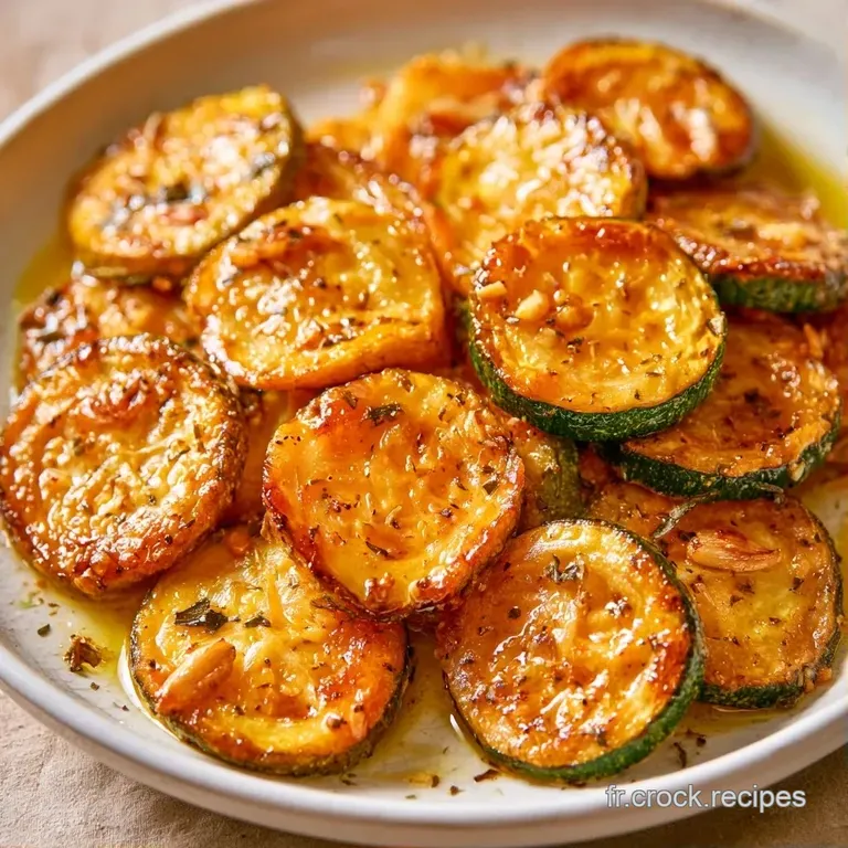 Quelques tranches de courgettes fondantes et brillantes, dress&eacute;es avec soin sur une assiette blanche minimaliste.