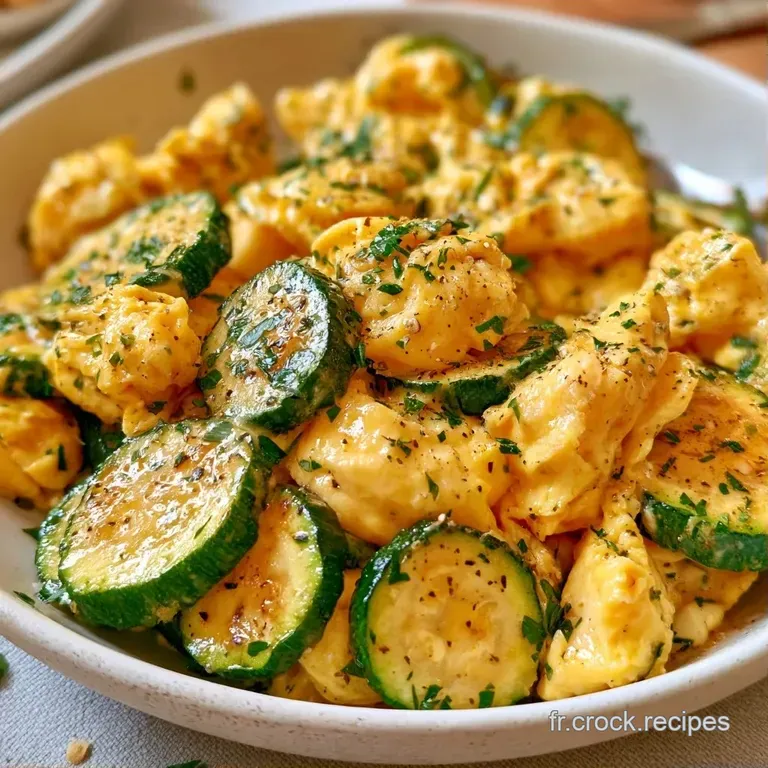 Assiette blanche dress&eacute;e avec des d&eacute;s de courgettes fondantes et des &oelig;ufs poch&eacute;s au jaune coulant et brillant.