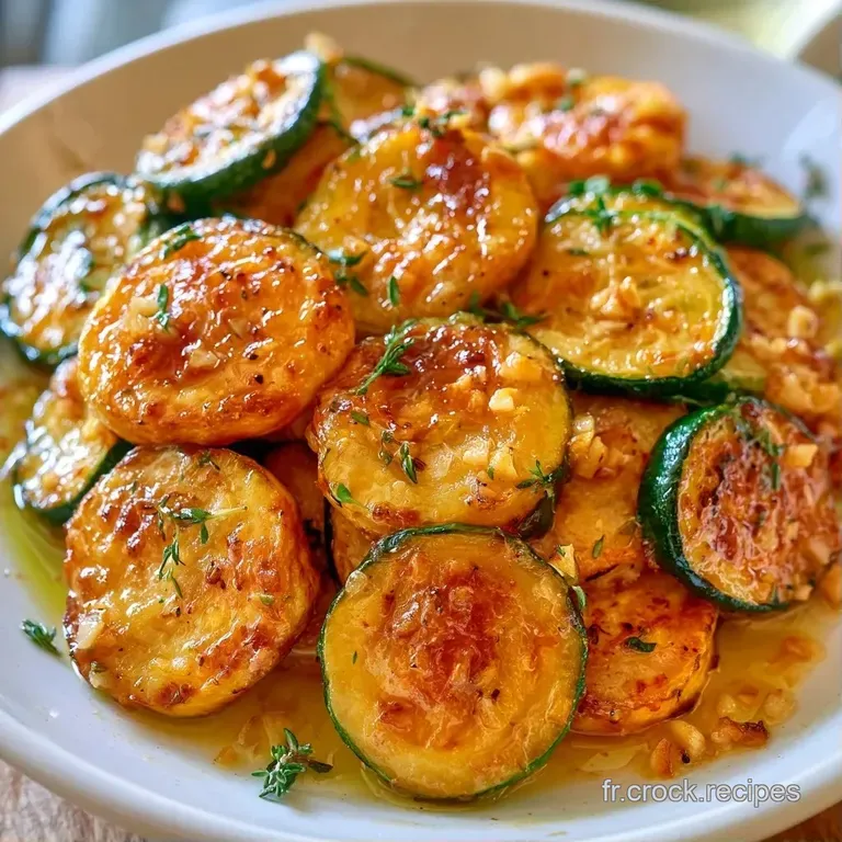 Courgettes r&ocirc;ties dispos&eacute;es avec soin sur une assiette blanche, d&eacute;cor&eacute;es de persil frais et d'&eacute;clats d'ail caram&eacute;lis&eacute;s.