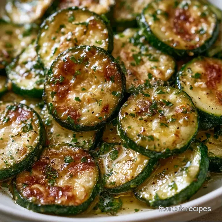 Courgettes fondantes et brillantes dispos&eacute;es en spirale dans une assiette blanche, d&eacute;cor&eacute;es de feuilles de persil vert.