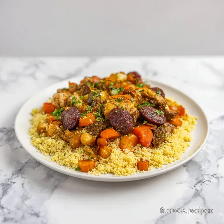 D&ocirc;me de semoule fine sur assiette blanche, entour&eacute; de l&eacute;gumes fondants et d'une sauce onctueuse et brillante.
