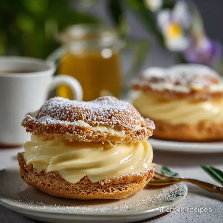 Elegant dessert: a delicate quenelle of cr&egrave;me p&acirc;tissi&egrave;re dusted with cocoa powder, garnished with a sprig of fresh mint on...