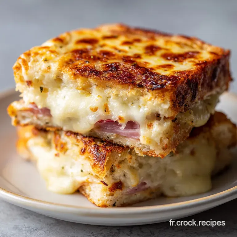 Elegant Croque Monsieur plated with vibrant green salad. Toasted bread, shimmering cheese, rustic and inviting on white pl...