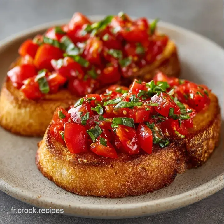 Alignement de cro&ucirc;tons croustillants sur une assiette blanche, surmont&eacute;s de tomates &eacute;clatantes et d'un filet d'huile.