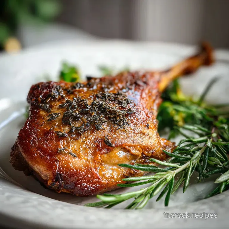 A perfectly bronzed duck leg confit served over creamy polenta, garnished with microgreens and a drizzle of rich, dark sauce.