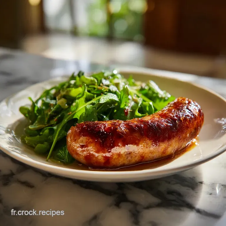 Slices of rustic smoked sausage are artfully arranged with roasted potatoes; parsley sprigs add freshness and color.