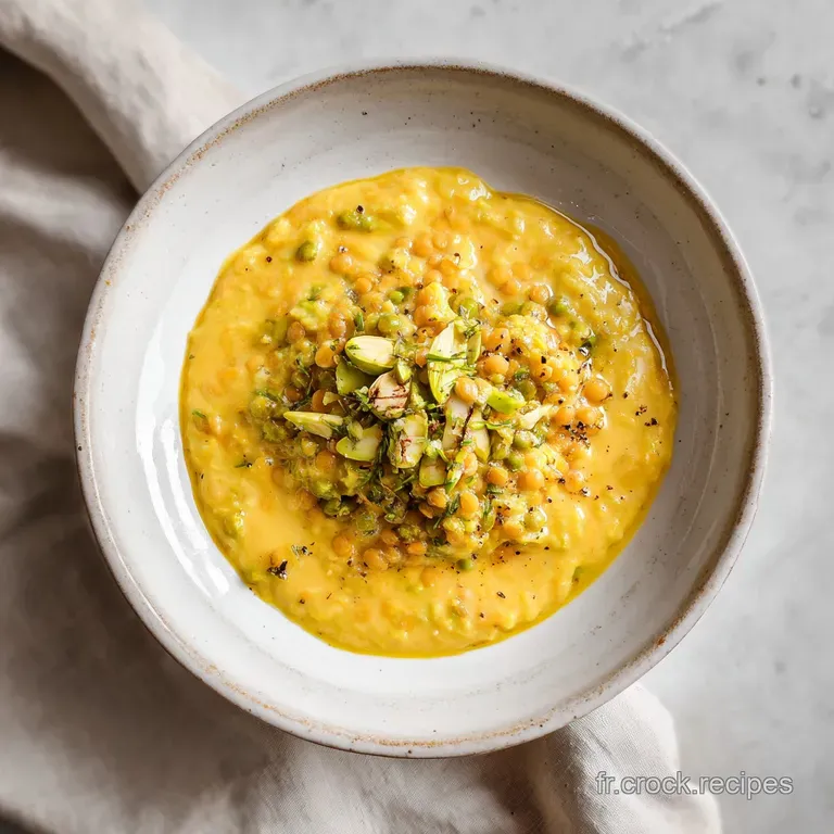 Un d&ocirc;me de lentilles vertes fondantes dans une assiette blanche, surmont&eacute; d'une touche de cr&egrave;me et d'herbes cisel&eacute;es.