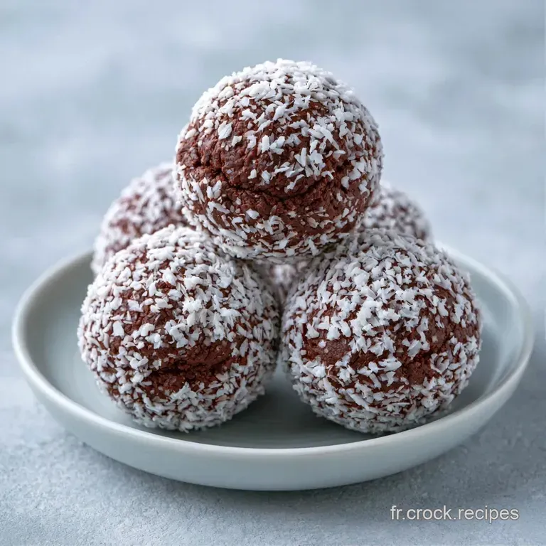 Trois sph&egrave;res chocolat&eacute;es lisses et brillantes pos&eacute;es sur une assiette blanche avec quelques copeaux de coco frais.