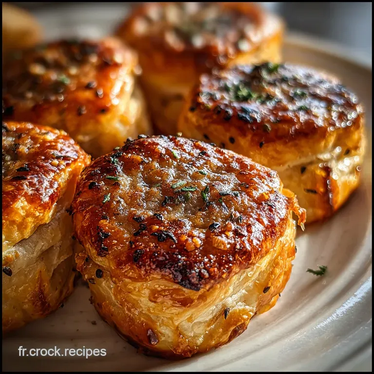 Slice of flaky, golden sausage pastry on a white plate, garnished with fresh thyme sprigs. A festive and appetizing presen...