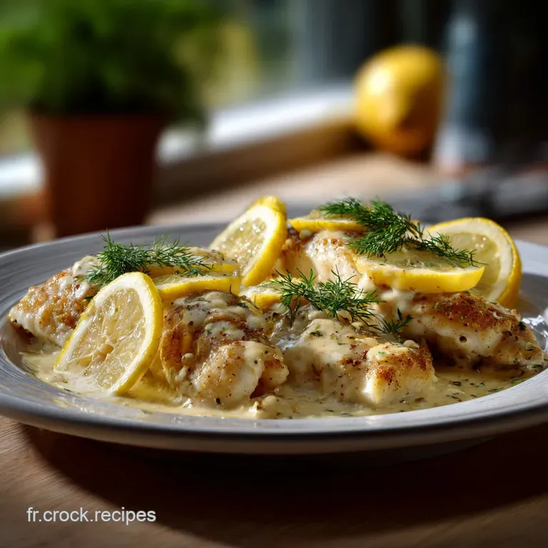 Perfectly plated white fish with a lemon-cream sauce, a sprinkle of herbs, and artful drizzle, showcasing culinary eleganc...