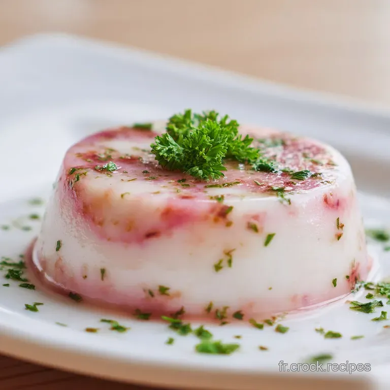 A slice of soft, pale orange fish flan on a white plate with a drizzle of lemon butter sauce and micro-greens.