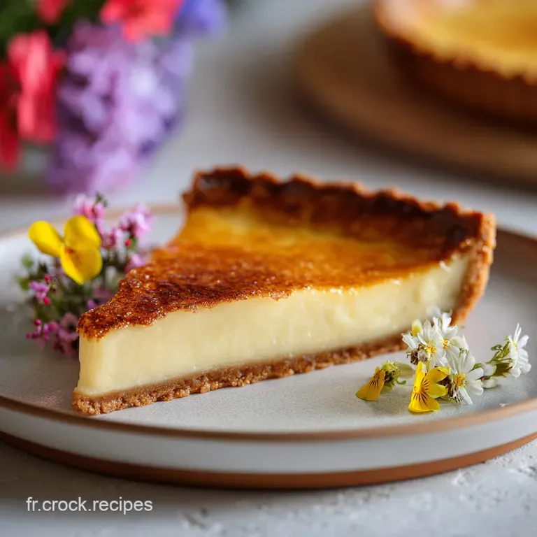 Slice of creamy, golden flan on a white plate, the flaky crust glistening, inviting steam curling upwards, beside a silver...