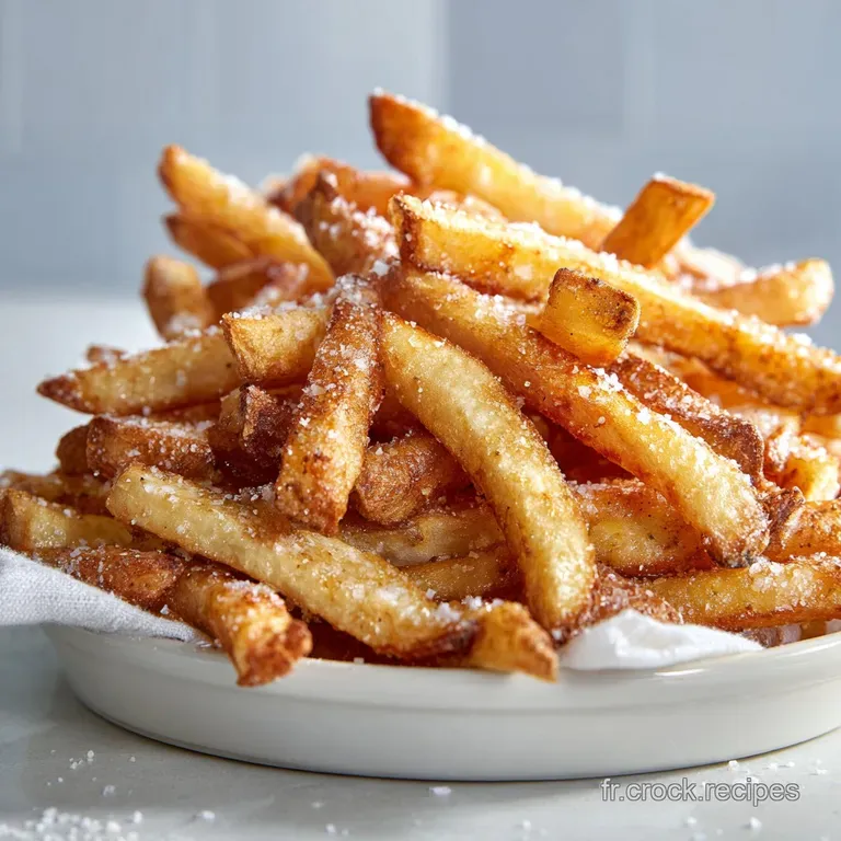 Perfectly golden fries artfully arranged on a white plate, sprinkled with sea salt and served with dipping sauce in ramekin.