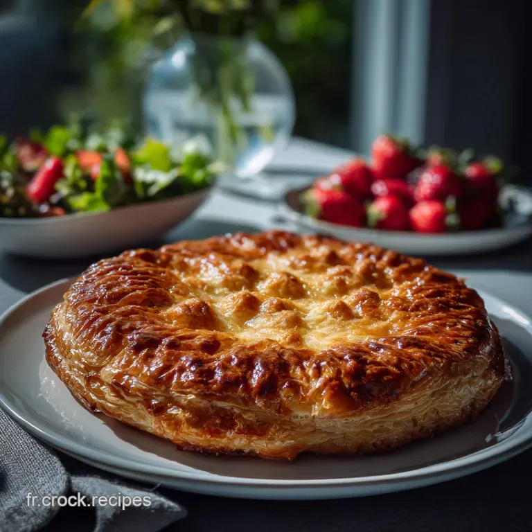 Elegant slice of galette des rois revealing creamy almond filling, on a white plate with a scattering of pastry crumbs.