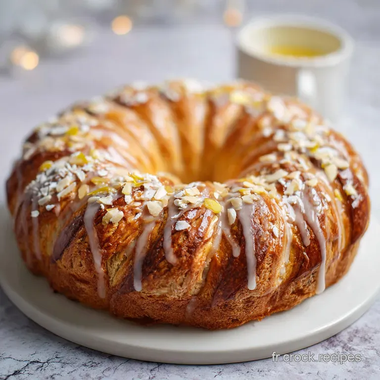 Slice of rustic galette with a crisp, golden crust revealing a moist frangipane filling, elegantly presented on a white pl...