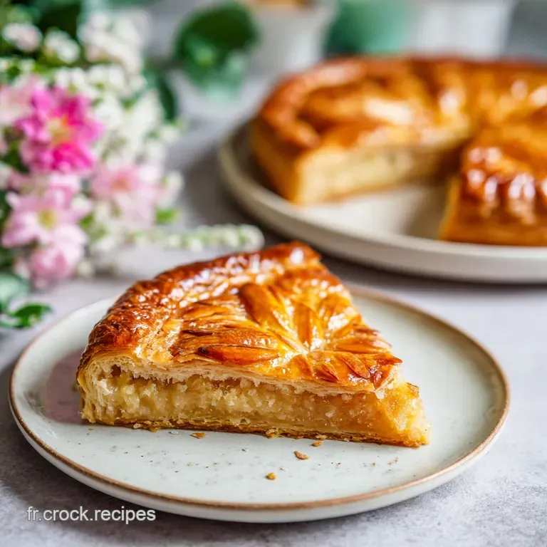 Slice of frangipane galette on a white plate. Almond filling glistens; toasted edges add contrast. A tempting, elegant des...