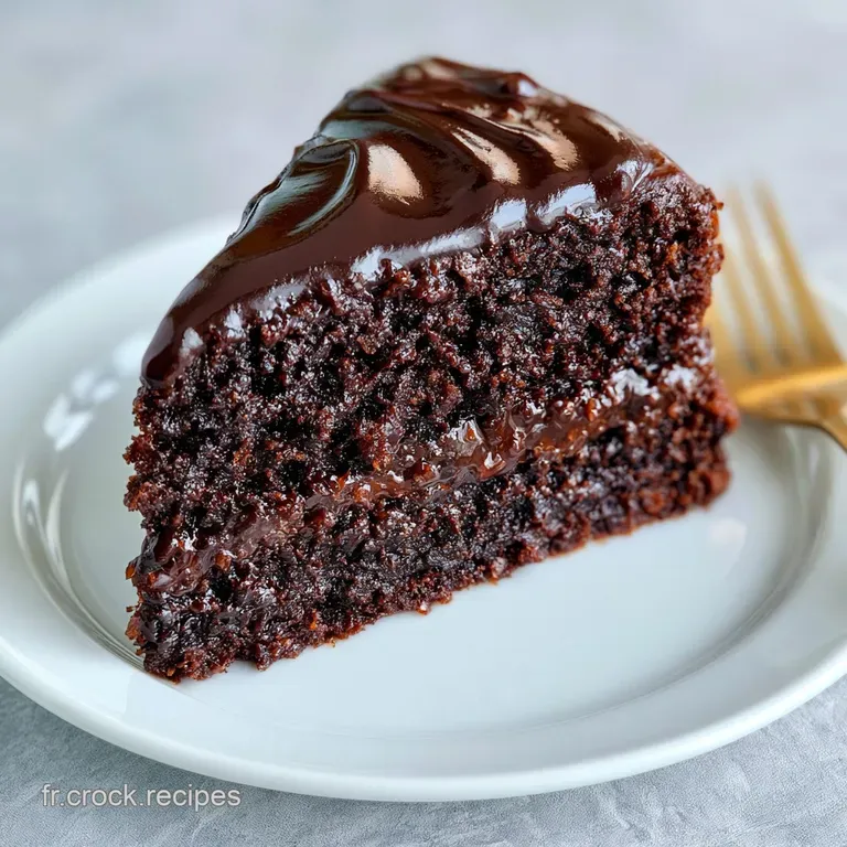 G&acirc;teau brun intense sur assiette blanche, accompagn&eacute; d'un coulis chocolat brillant et d'une feuille de menthe fra&icirc;che.