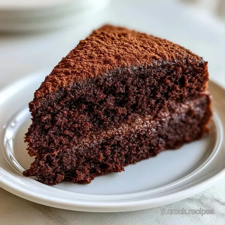 Part de g&acirc;teau sombre sur assiette blanche, contrastant avec une cr&egrave;me onctueuse et quelques baies rouges &eacute;clatantes.