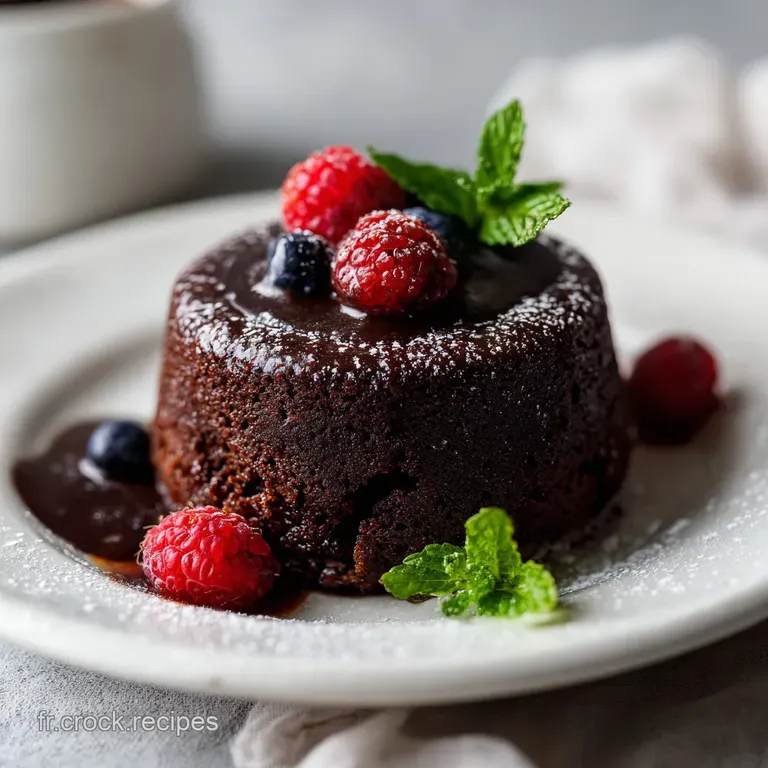 Slice of moist chocolate cake on a white plate. Dark, fudgy center contrasted by the bright white dusting of sugar.