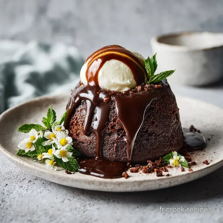 A slice of decadent chocolate cake with a dusting of cocoa, artfully drizzled chocolate sauce, and garnished with fresh ra...