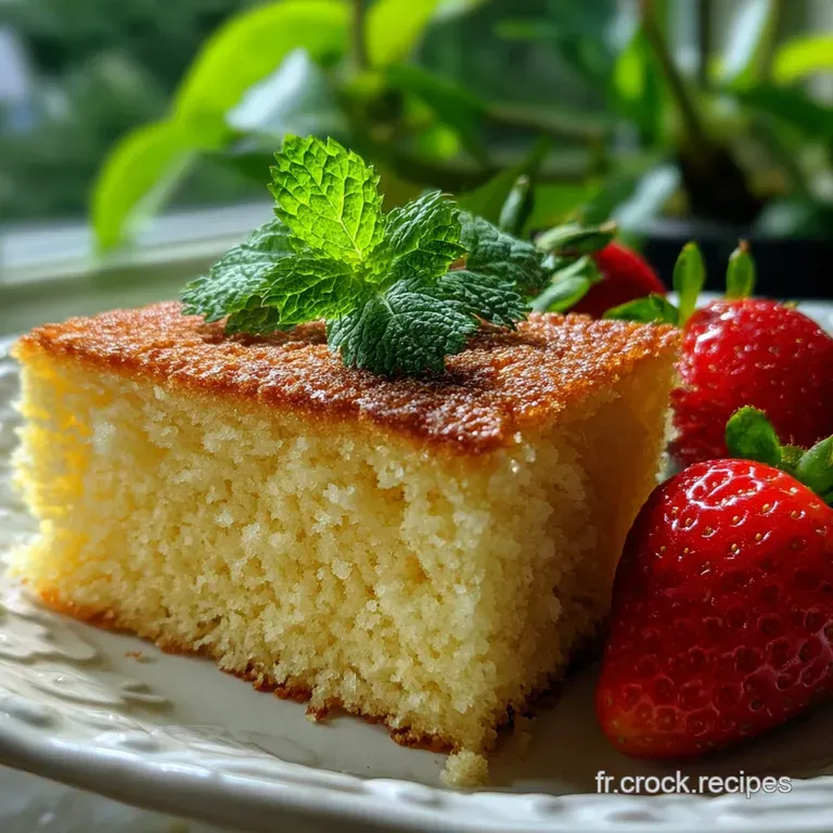 Elegant slice of G&acirc;teau de Savoie on a white plate, paired with fresh raspberries and a sprig of mint. A light, airy delight.