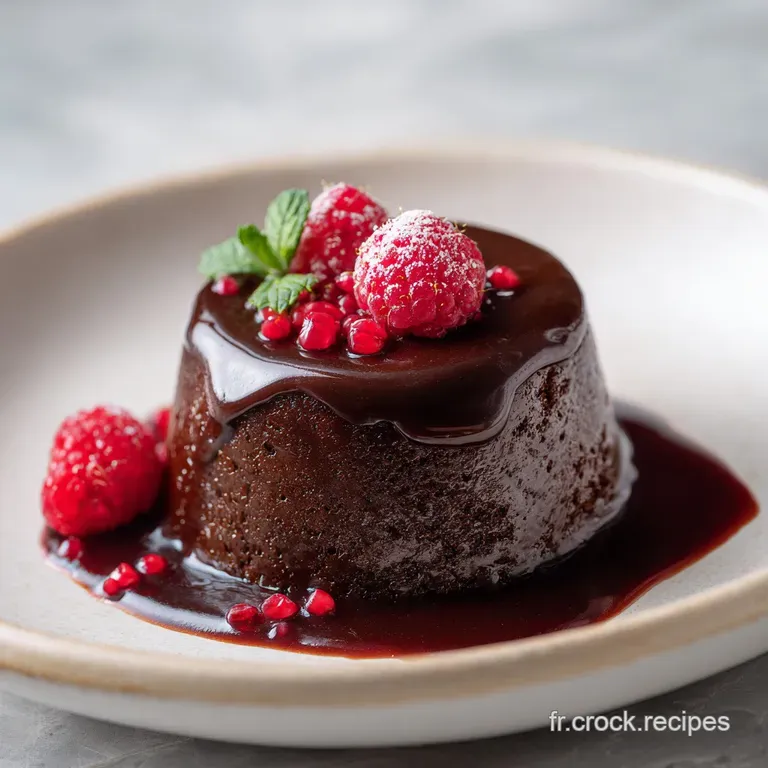 Slice of dark chocolate Yule log with glossy ganache, adorned with festive sugared cranberries, served on a delicate white...